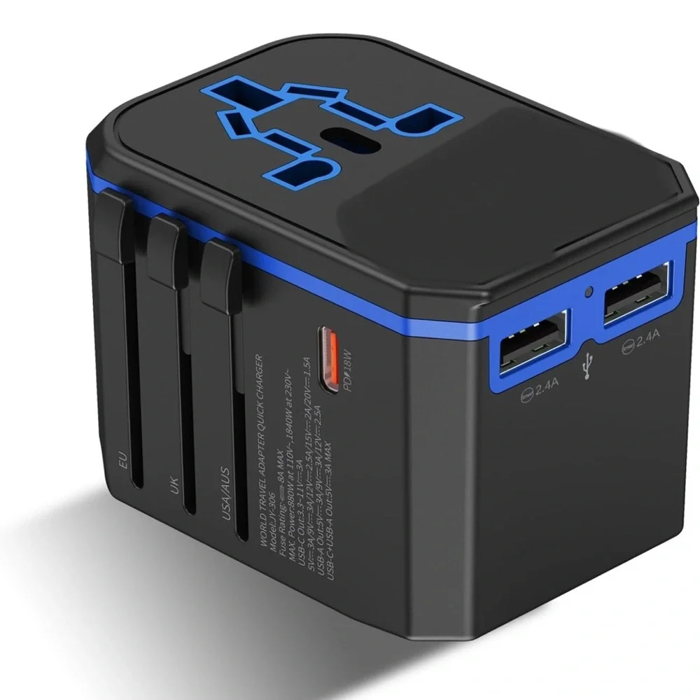 Universal Travel Adapter -Powerful Fast Charging - 2 USB hard case included